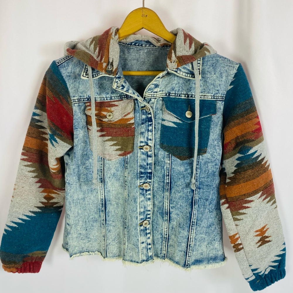 Mixed Media Red and Blue Jean Jacket with Patterned Hood and Sleeves